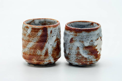 Tezumi — Japanese Teacups - Pair of Blue Orange Shino-Glazed Meoto Yunomi — front view from another angle