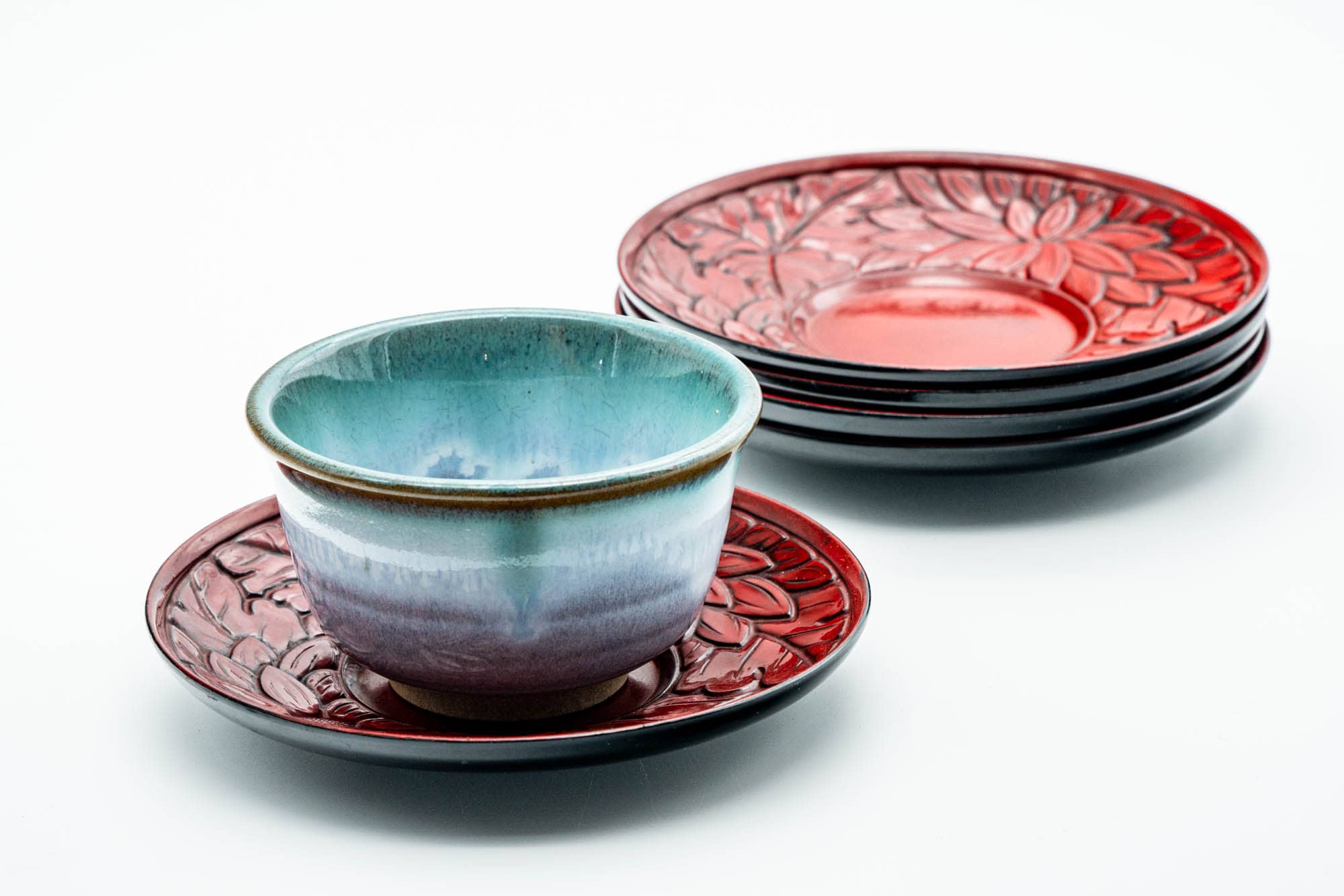 Japanese Chataku - Set of 5 Carved Floral Red Black Lacquer Tea Saucers