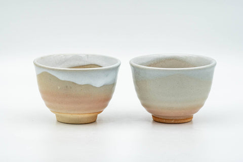 Tezumi — Japanese Teacups - Pair of Unique Beige White Glazed Hagi-yaki Yunomi - 120ml — front view