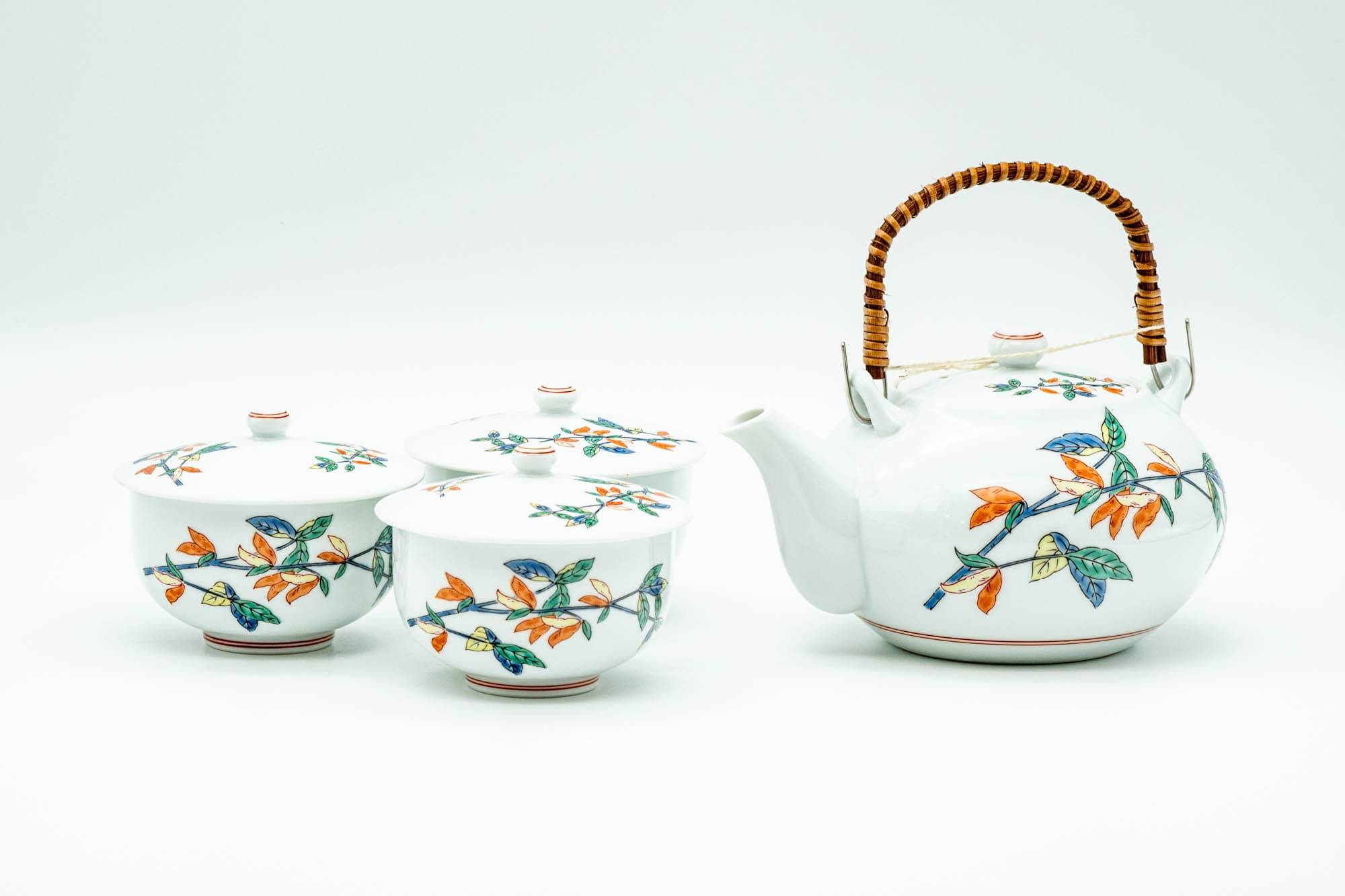 Japanese Tea Set - Floral Arita-yaki Dobin Teapot with 3 Lidded Yunomi Teacups