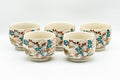 Japanese Tea Set - Gold Red Floral Kutani-yaki Kyusu Teapot with 5 Yunomi Teacups - the five matching yunomi cups grouped