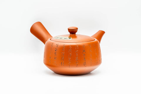 Japanese Kyusu - Calligraphy Engraved Red Shudei Tokoname-yaki Teapot - 270ml - side view with the spout to the right and side handle to the left