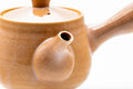 Japanese Kyusu - Pink Hagi-yaki Ceramic Filter Teapot - 300ml - angled top view of the body and lid, spout toward the front right