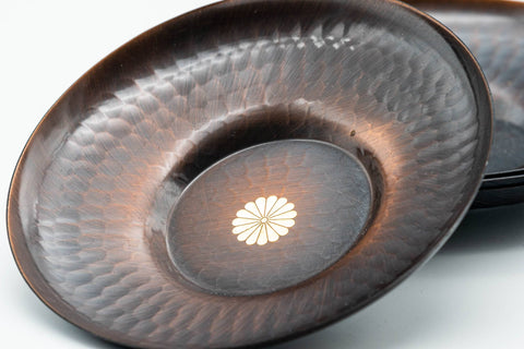 Japanese Chataku - Set of 5 Floral Hammered Copper Tea Saucers