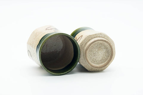 Japanese Teacup - Pair of Beige Green Drip-Glazed Oribe-yaki Meoto Yunomi