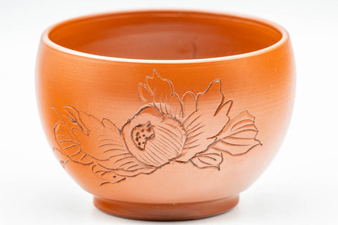 Japanese Teacups - Pair of Floral Engraved White Inner Glazed Tokoname-yaki Yunomi - 125ml - closeup of a cup showing the engraved flower