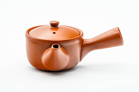 Japanese Kyusu - Mountainous Red Shudei Tokoname-yaki Mesh Teapot - 270ml - rear three-quarter view with the side handle extended