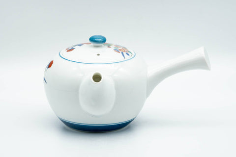 Japanese Tea Set - Floral Arita-yaki Debeso Kyusu Teapot with 5 Yunomi Teacups - teapot showing the side handle