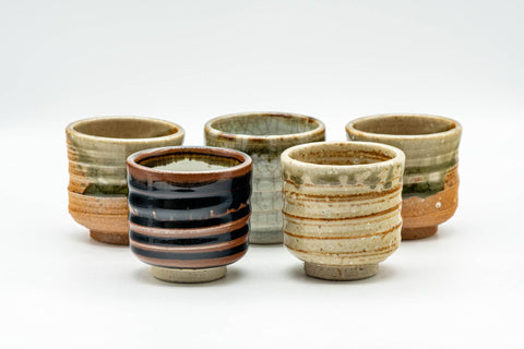 Japanese Tea Set - Set of 5 Uniquely Glazed Shigaraki-yaki Guinomi - 50ml - all five teacups arranged together