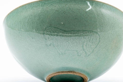 Tezumi — Japanese Matcha Bowl - Green Celadon Glazed Floral Egret Chawan - 150ml — inverted showing the foot ring