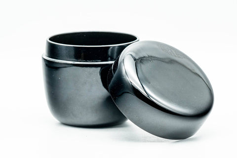 Japanese Natsume - Black Urushi Lacquer Matcha Tea Caddy - 80ml - open caddy showing the interior with lid alongside