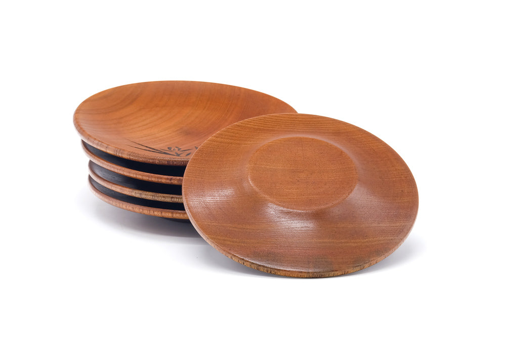 Japanese Chataku - Set of 5 Long Grass Engraved Wooden Plates