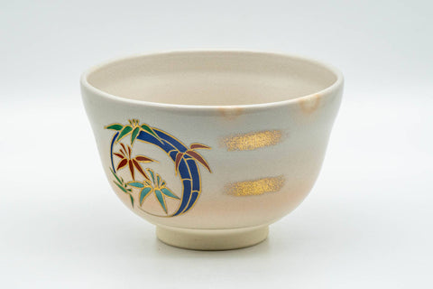 Japanese Matcha Bowl - Beige Gold Bamboo Floral Kyo-yaki Chawan - 350ml - Tezumi