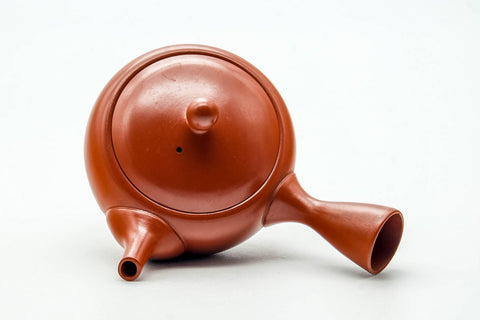 Japanese Kyusu - Classic Red Shudei Tokoname-yaki Mesh Teapot - 200ml - overhead view showing the round lid knob and the side handle