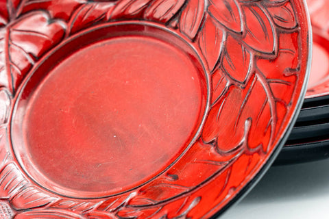 Japanese Chataku - Set of 5 Carved Floral Red Black Lacquer Tea Saucers