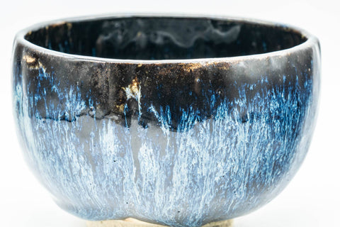 Japanese Matcha Bowl - Black and Blue Drip-Glazed Wabi-Sabi Chawan - 300ml