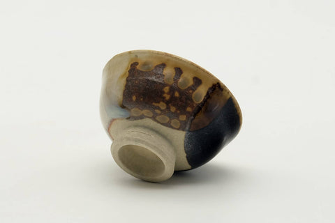 Tezumi — Japanese Teacup - Beige Brown Drip-Glazed Guinomi with Kiribako - 20ml — tipped to show the interior