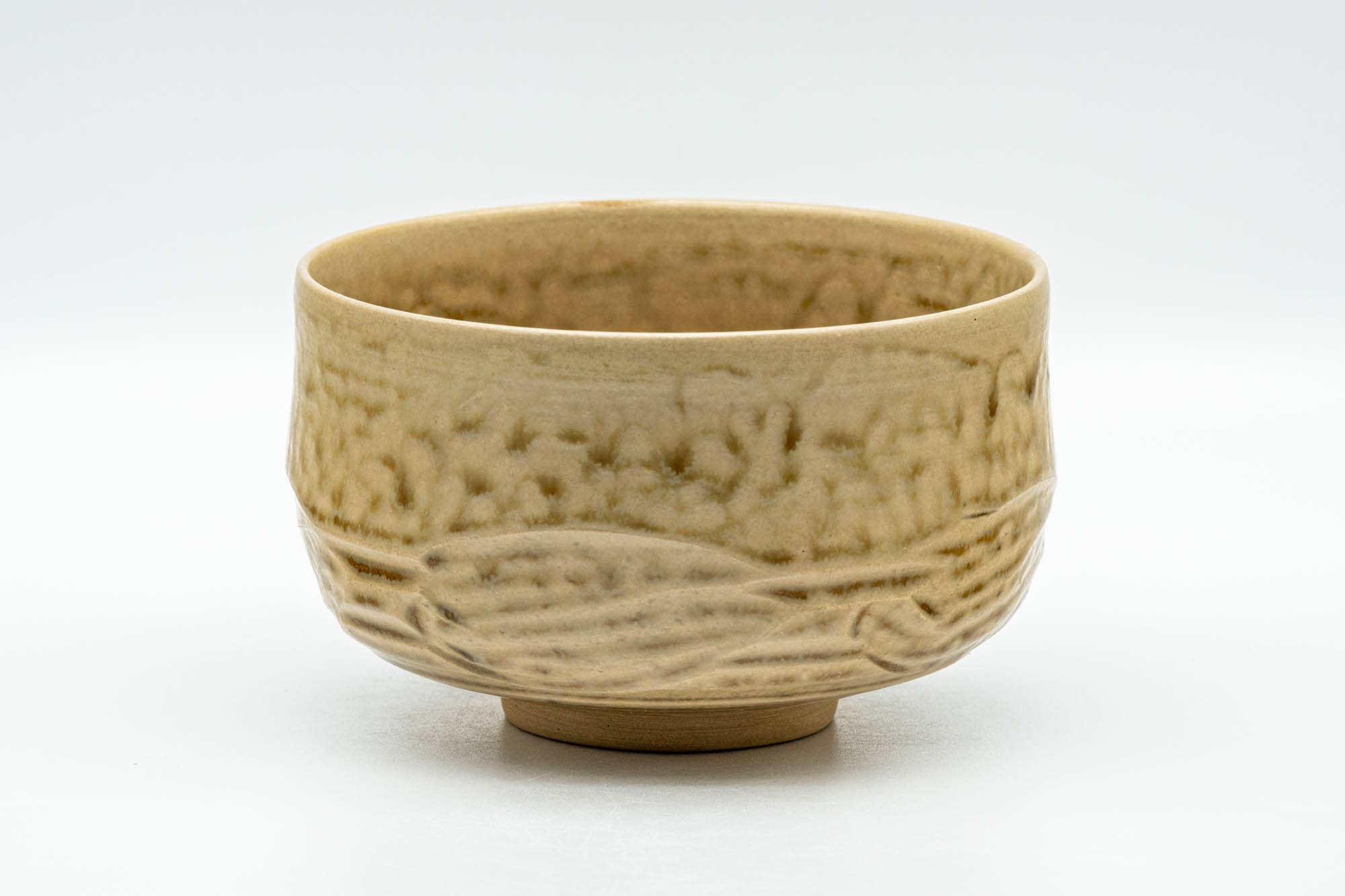 Japanese Matcha Bowl - Beige Green Drip-Glazed Carved Kyo-yaki Chawan - 300ml - Tezumi