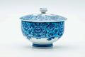 The lidded Arita-yaki cup, lid on, front view.