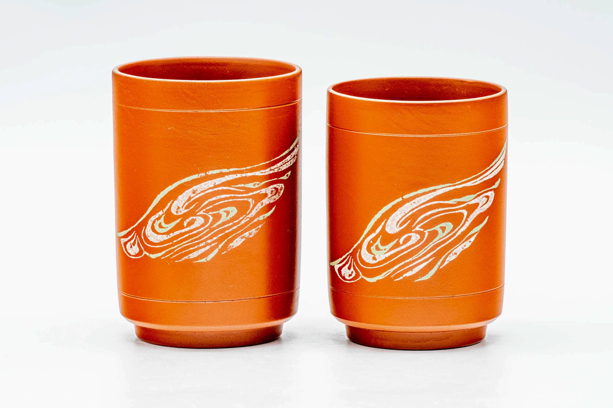 Japanese Teacups - Pair of Swirling Red Shudei Tokoname-yaki Meoto Yunomi in Wooden Box