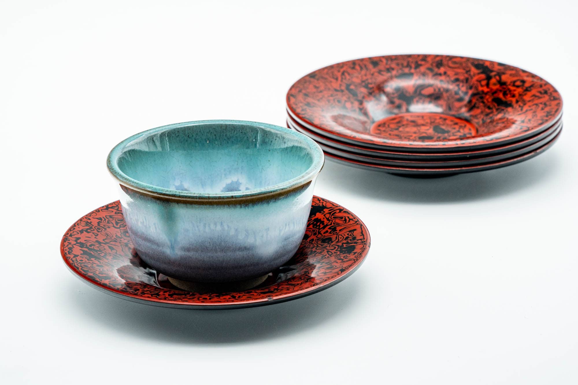 Japanese Chataku - Set of 5 Red Kara-nuri Black Lacquered Tea Saucers