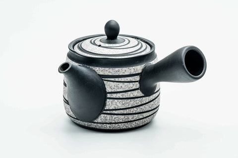 Japanese Kyusu - Black Striped White Textured Tokoname-yaki Obi-ami Mesh Teapot - 360ml