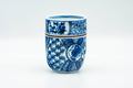 Japanese Teacup - Blue Floral Geometric Arita-yaki Yunomi - 155ml - upright angled view