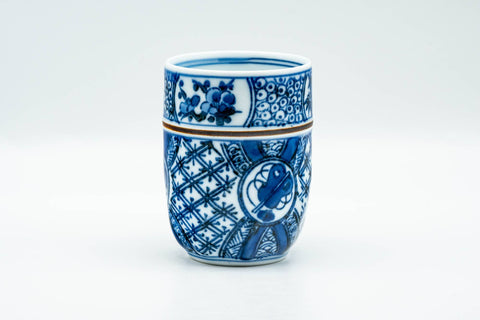 Japanese Teacup - Blue Floral Geometric Arita-yaki Yunomi - 155ml - upright angled view