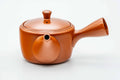 Red shudei Tokoname kyusu, raised three-quarter view showing the lid knob and handle