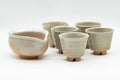 Japanese Tea Set - Hagi-yaki Katakuchi Water Cooler with 5 Guinomi Tea cups - group shot of the katakuchi water cooler with the five guinomi teacups