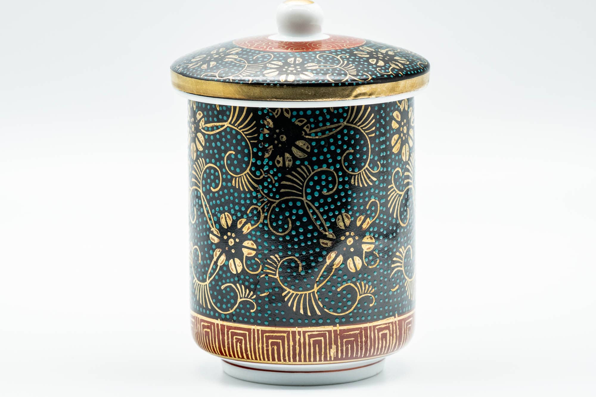 Japanese Teacups - Pair of 九谷焼 Floral Aochibu Kutani-yaki Porcelain Lidded Meoto Yunomi