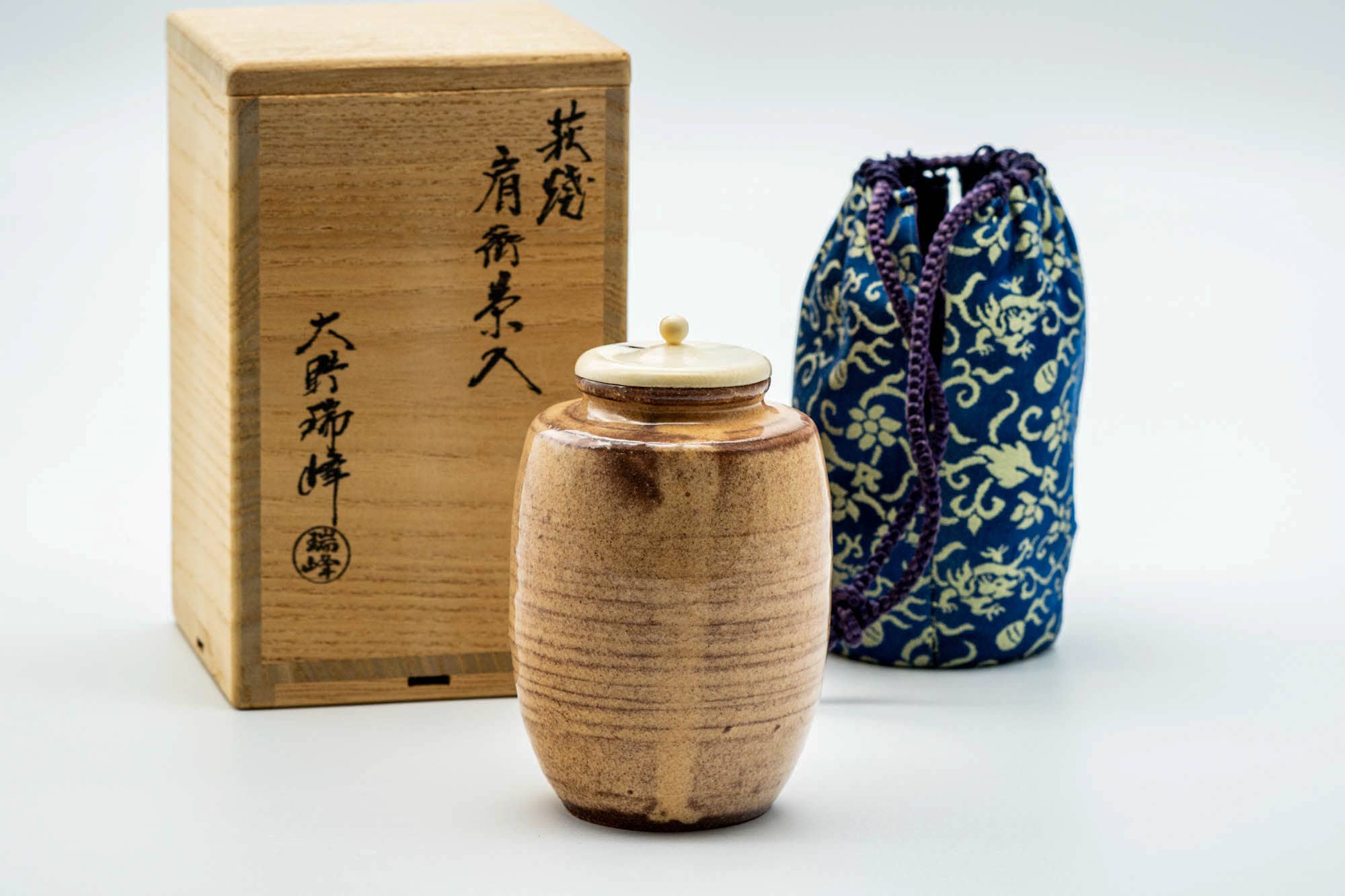 Japanese Chaire - 大野瑞峰 Mizumine Ōno - Beige Biwa-iro Loquat Glazed Hagi-yaki Tea Caddy