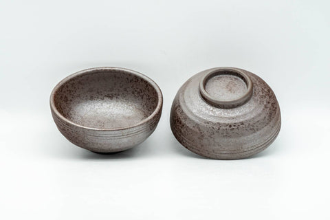 Japanese Teacups - Pair of Purple Textured Clay Guinomi - 40ml - two cups, one upright and one inverted showing footring