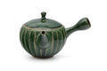 Green faceted Oribe Tokoname teapot, three-quarter view of the ribbed green kyusu with side handle