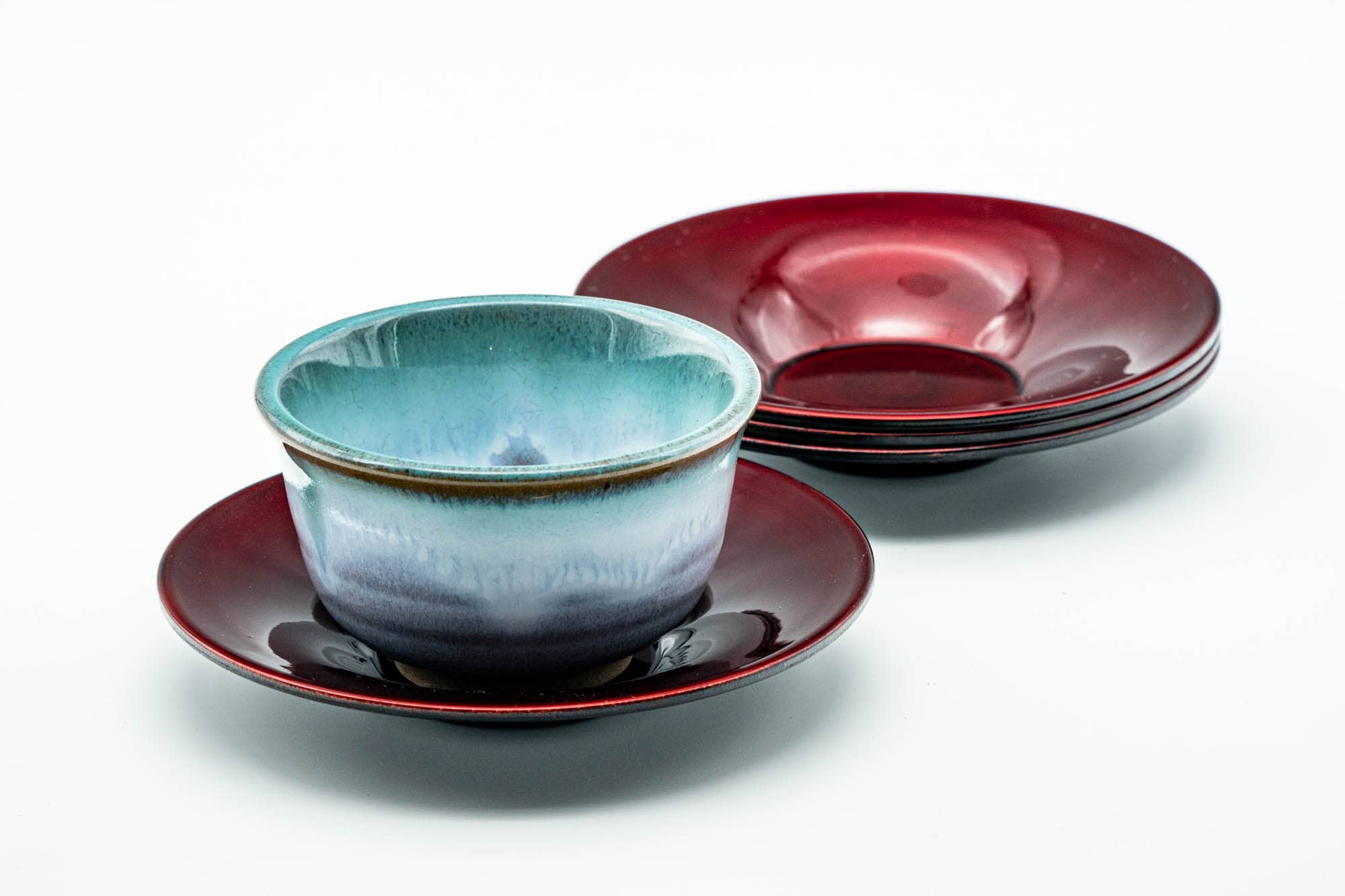 Japanese Chataku - Set of 4 Scarlet Red Black Lacquered Tea Saucers