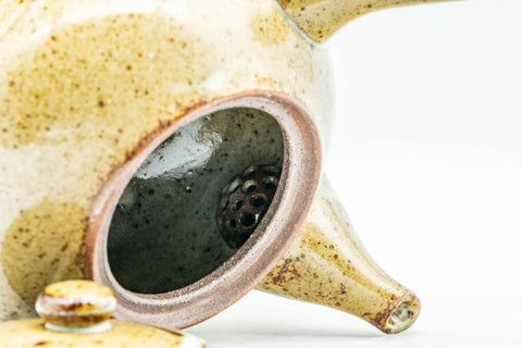 Japanese Kyusu - Bamboo Green Speckled Glazed Ceramic Filter Teapot - 300ml - interior showing the ceramic filter holes