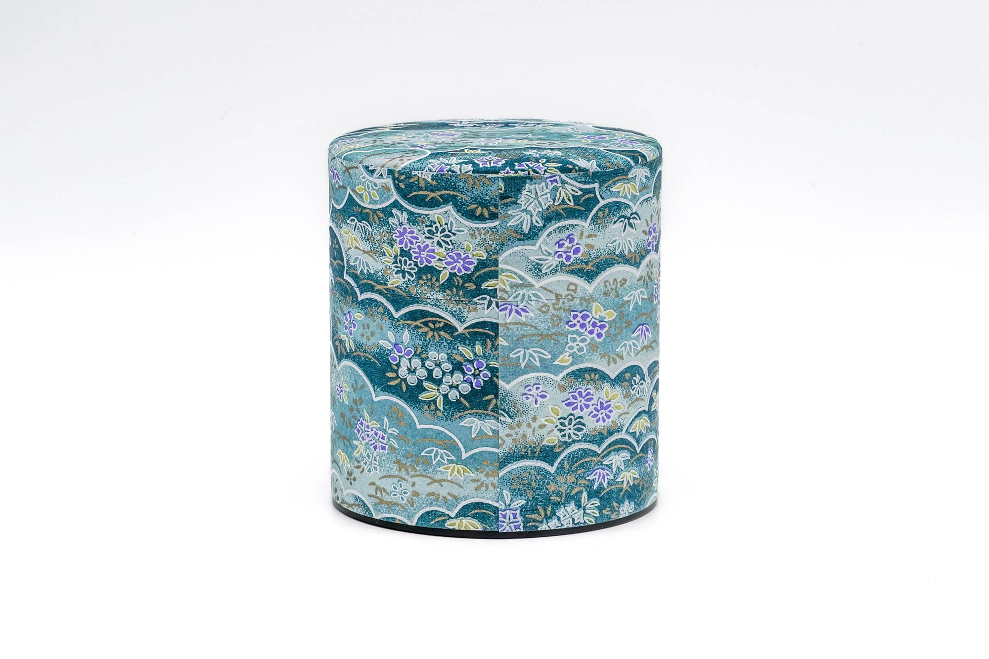 Japanese Chazutsu - 江東堂 Kotodo - Blue Floral Washi Wrapped Metal Tea Canister - 150g