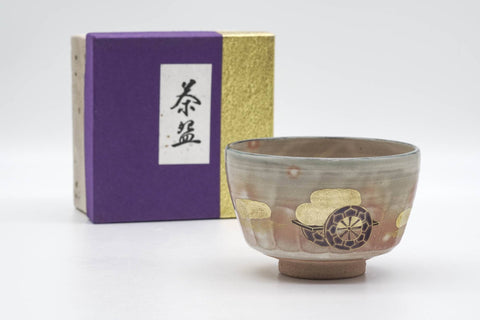 Tezumi — Japanese Matcha Bowl - Beige Pink Gohonte Golden Kyo-yaki Chawan - 250ml — closeup of the glaze