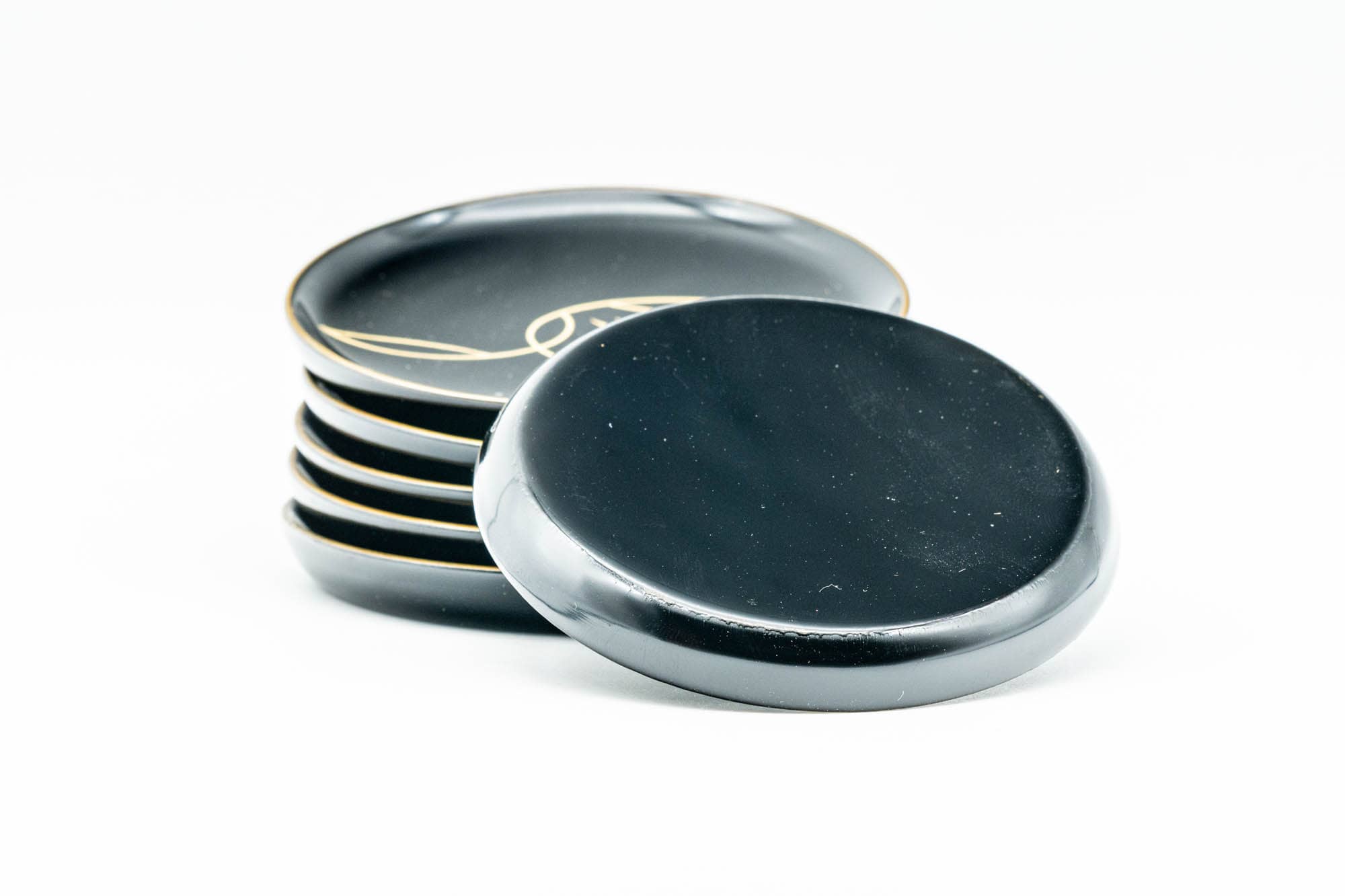 Japanese Chataku - Set of 6 Black Lacquer Tea Saucers in Caddy and Wooden Box
