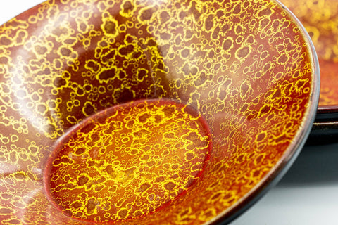 Japanese Chataku - Set of 3 Abstract Kara-nuri Red Lacquered Tea Saucers - closeup of a saucer showing the abstract mottled kara-nuri pattern