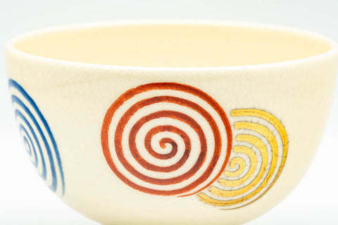 Japanese Matcha Bowl - Spiral Decorated Kyo-yaki Chawan - 200ml - front view of the red, blue and yellow spirals