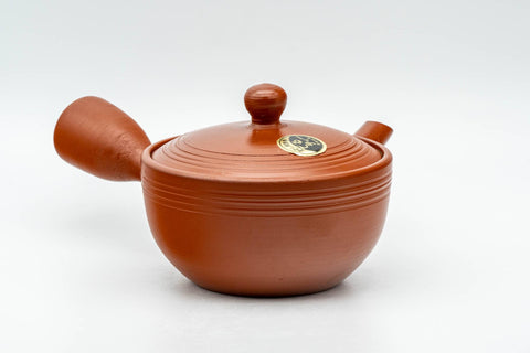 Japanese Kyusu - Spiraling Red Shudei Tokoname-yaki Mesh Teapot - 250ml - rear three-quarter view with the side handle prominent