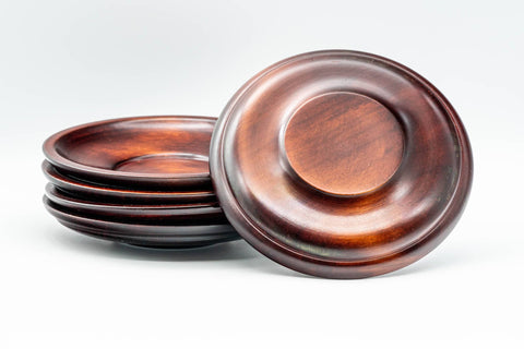 Japanese Chataku - Set of 5 Floral Engraved Red Wood Tea Saucers - Tezumi