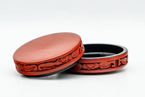 Japanese Kogo - Carved Camellia Red Black Lacquer Incense Container