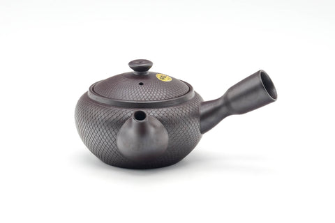 Tezumi — Japanese Kyusu - Engraved Banko-yaki Mesh Teapot - 290ml — side view with the lid and side handle