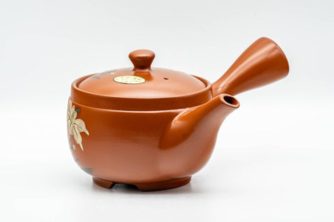 Japanese Kyusu - Yellow Flowers Tokoname-yaki Mesh Teapot - 400ml - side profile showing the side handle and spout
