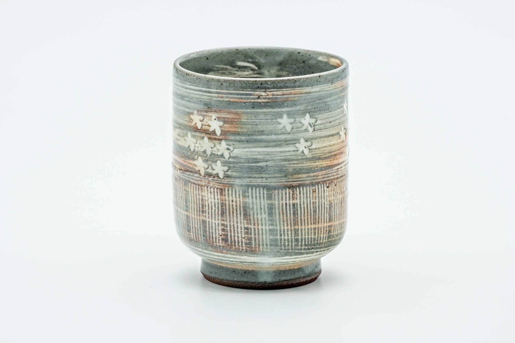 Japanese Teacup - Grey White Floral Engraved Kiyomizu-yaki Yunomi - 150ml