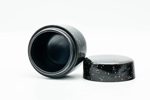 Japanese Natsume - Heavy Speckled Stone Matcha Tea Caddy - 50ml - open caddy showing the dark interior with lid beside it