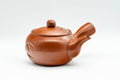 Japanese Tea Set - Bamboo Engraved Tokoname-yaki Debeso Kyusu Teapot with 4 Yunomi Teacups - side view of the brick-red shudei teapot