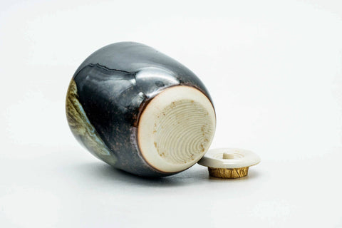 Japanese Chaire - Black Drip-Glazed Katatsuki Seto-yaki Tea Canister with Shifuku